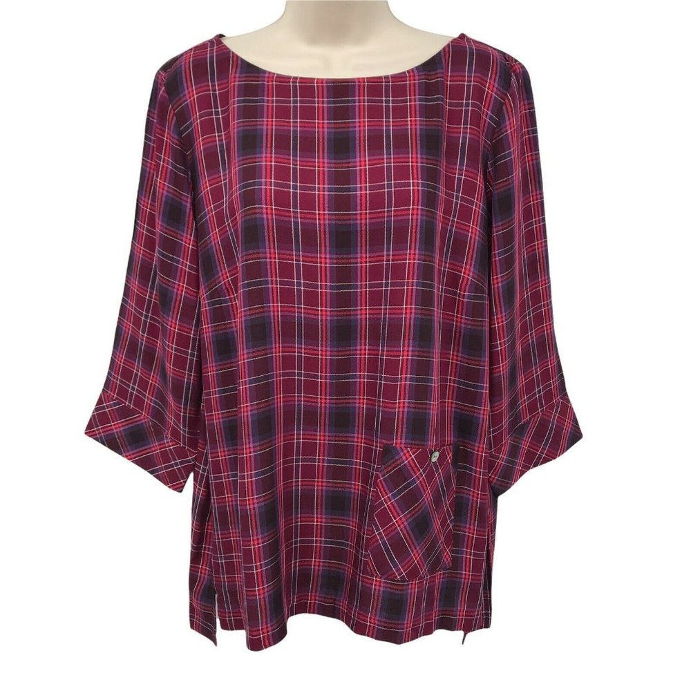 J Jill Womens Long Sleeves V Neck Pullover Plum Multi Plaid Tunic Top